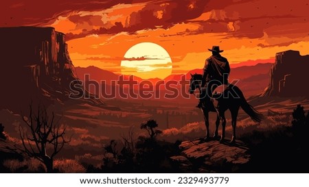Horseman sitting on a horse in front of a beautiful sunset background with canyons, vector poster. Royalty-Free Stock Photo #2329493779