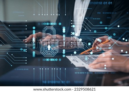 Businesspeople typing on laptop at office workplace. Concept of team work, business education, internet surfing, brainstorm, project information technology. hands shot. Lock data security hologram