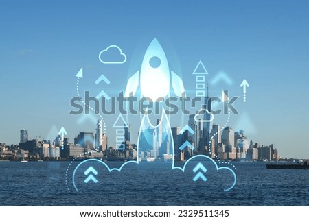 New York City skyline of Financial Downtown, Hudson River waterfront, skyscrapers at day. Manhattan, USA. Startup company, launch project to seek and develop scalable business model, hologram