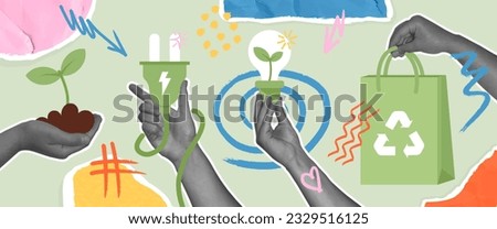  Collage art with hands holding plant, power saving lamp, and other objects as metaphor for green industry and sustainability. Different abstract shapes.Sustainable lifestyle and climate change concep Royalty-Free Stock Photo #2329516125