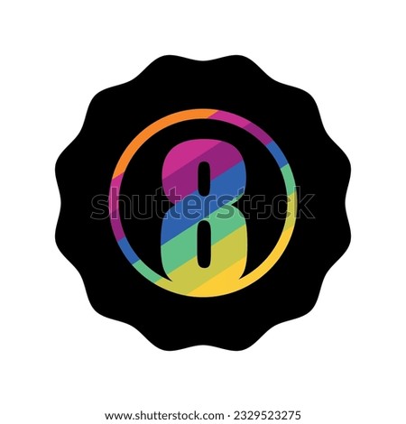 Black with Multicolor Starburst Badge Icon. Number 8