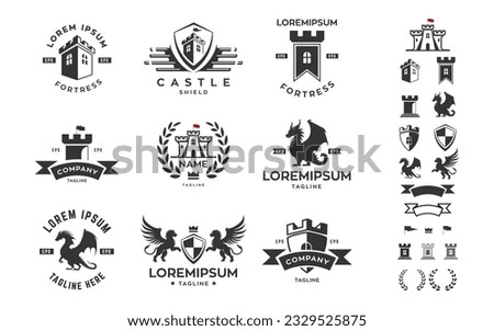 Medieval castle logo elements, castles, dragons, shields and many more, vector symbols