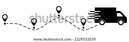 Truck fast delivery with location pin. Car silhouette driving on dotted path. Travel destination symbol. Vector illustration isolated on white.
