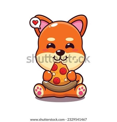 cute shiba inu eating pizza cartoon vector illustration.