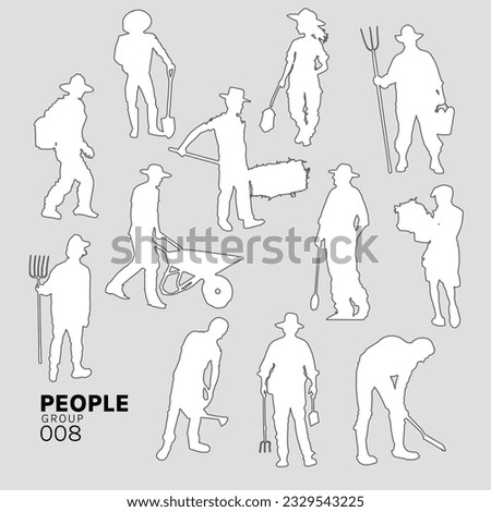 Architectural Drawings people vector illustration, farmer, agricultural workers planting crops, gathering harvest, collecting apples, feeding farm animals, carrying fruits, Minimal style hand drawn.