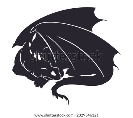Sleeping dragon silhouette. Cartoon winged fantasy reptile, fairy tale creature, resting magic dragon flat vector illustration