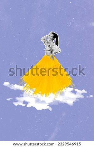 Vertical template collage art design picture of young gorgeous woman dieting wear absurd skirt vermicelli isolated on sky background
