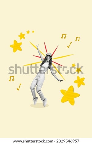 Vertical collage poster of cheerful girl have fun night club listen audio hit soundtrack stands tiptoes isolated on white color background