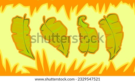 Banana tree leaves over yellow background. Simple hand drawn