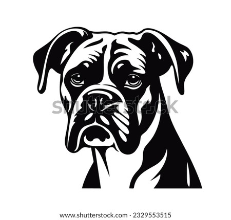 Vector isolated one single sitting Boxer dog head front view black and white bw two colors silhouette. Template for laser engraving or stencil, print for t shirt Royalty-Free Stock Photo #2329553515