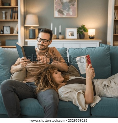 Adult couple man and woman Caucasian husband and wife in a relationship real book hold books on the sofa bed at home in the apartment reading leisure bonding family concept real people copy space Royalty-Free Stock Photo #2329559281