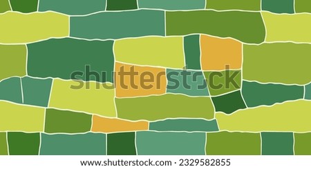 Aerial view on farm field with harvest. Abstract seamless pattern of farmland with grass, barley, wheat, rye, corn and soy bean. Top view of green, yellow agricultural plants. Flat bird eye landscape Royalty-Free Stock Photo #2329582855