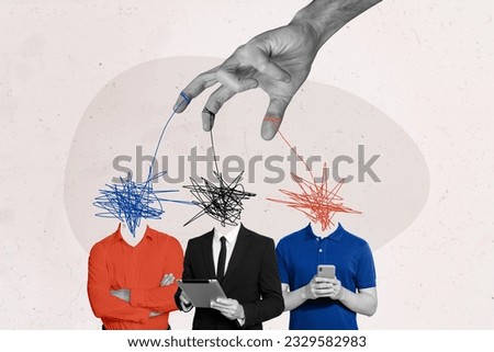 Creative composite illustration photo collage of big arm manipulating headless people in internet isolated on drawing background Royalty-Free Stock Photo #2329582983