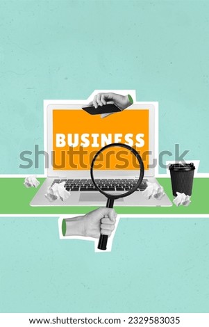 Vertical creative collage photo of searching ideas for business look information on laptop how to make profit isolated on teal background