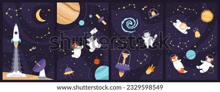 Space adventure of astronaut animals set vector illustration. Cartoon childish art design with cute explorers in helmet and spacesuit flying in galaxy with rocket and planets, stars in constellation Royalty-Free Stock Photo #2329598549