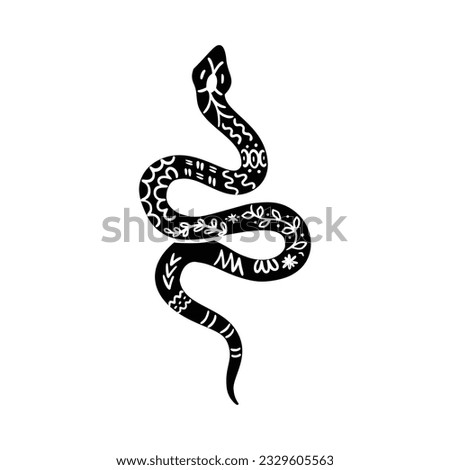 Celestial Snake Linocut Vector Icon. Mystic Floral Snake Silhouette Isolated on White Background. Boho and Magic Witchy Python Clipart, Occult Symbol Illustration. Black Gothic Art Print for T Shirt