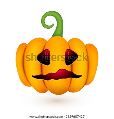 Halloween cute pumpkin. Realistic 3d pumpkin with scared funny face on white background for autumn holiday. Vector Halloween illustration for decoration, fashion print design, web banner, app, advert.