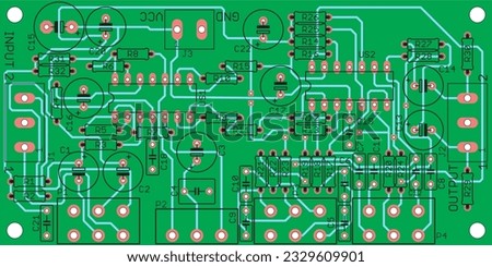 Vector printed circuit board of an electronic device with components of radio elements, conductors and contact pads placed on it. Engineering drawing Royalty-Free Stock Photo #2329609901