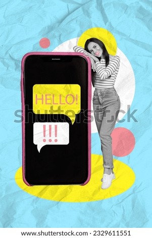 Vertical collage image of black white effect mini girl huge smart phone display chat dialogue hello bubble isolated on paper blue background