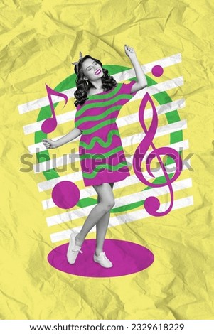 Vertical collage picture of cheerful carefree black white effect girl dancing painted melody notes isolated on paper yellow background