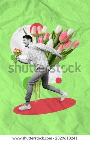 Picture 3d image collage artwork postcard brochure of cheerful glad man hurry meeting girlfriend isolated on drawing green background