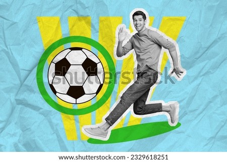 Picture poster image collage artwork of happy smiling man football player running stadium kick big ball isolated on painted background