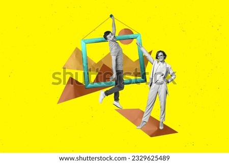 Picture poster 3d collage image magazine of happy positive people decorate home house room hang frame isolated on yellow color background