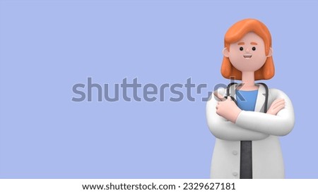 3D illustration of Female Doctor Nova  showing you way, pointing his finger to empty copy space for advertising. Minimal style. Medical presentation clip art isolated on blue background
