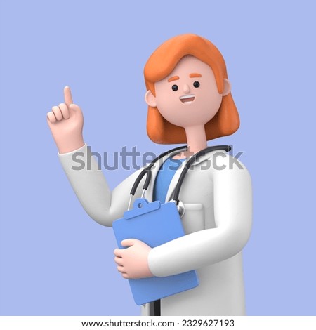 3D illustration of Female Doctor Nova with stethoscope and clipboard, looks at camera and gives advice. Clip art isolated on blue background. Professional consultation and recommendation
