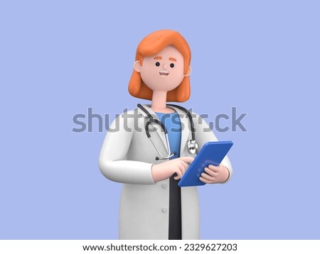 3D illustration of Female Doctor Nova working with laptop computer and writing on paperwork. Hospital background.Medical presentation clip art isolated on blue background
