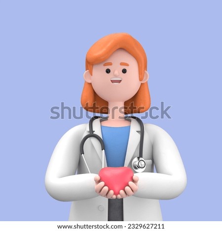 3D illustration of Female Doctor Nova holding a red heart at hospital office. Medical health care and doctor staff service concept.Medical presentation clip art isolated on blue background
