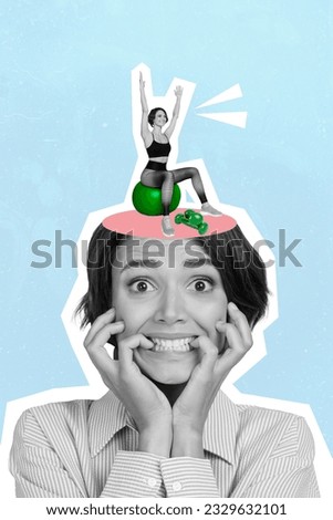 Vertical collage picture of nervous worried girl biting finger nails mind exercise fitness prepare body summer isolated on blue background