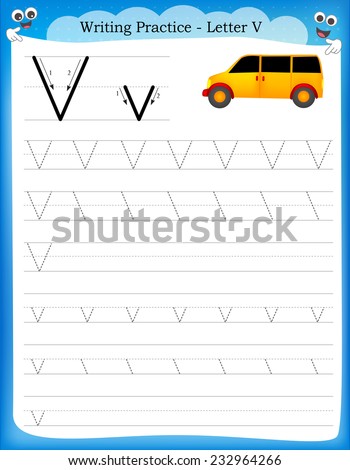 Writing practice letter V  printable worksheet with clip art for preschool / kindergarten kids to improve basic writing skills 