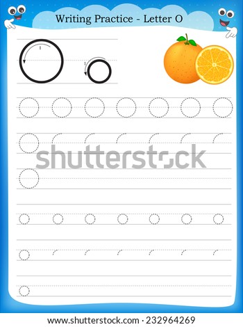Writing practice letter O  printable worksheet with clip art for preschool / kindergarten kids to improve basic writing skills 
