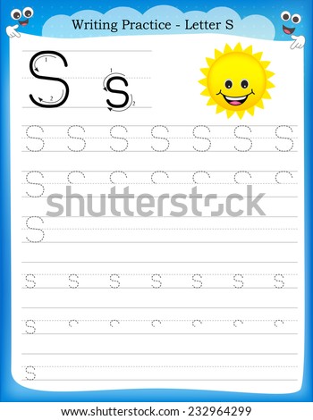 Writing practice letter S  printable worksheet with clip art for preschool / kindergarten kids to improve basic writing skills 