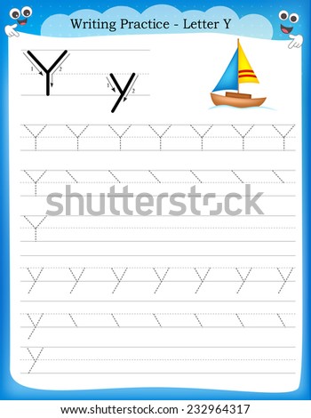 Writing practice letter Y  printable worksheet with clip art for preschool / kindergarten kids to improve basic writing skills 