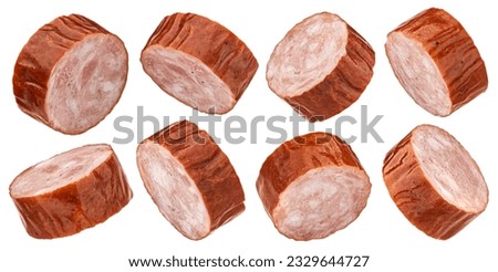 Smoked bratwurst sausage slices isolated on white background Royalty-Free Stock Photo #2329644727