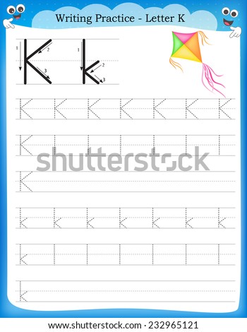Writing practice letter K  printable worksheet with clip art for preschool / kindergarten kids to improve basic writing skills 