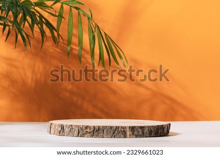 Wooden cut podium on orange background with palm tree shadow. Stand for the presentation of beauty products, cosmetics