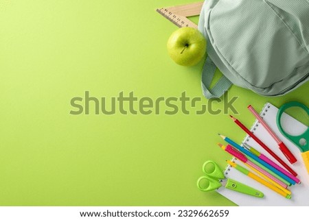 Process of education concept. Top view photo of backpack, apple snack, notebook and stationery on light green isolated background with copy-space for text or advertisement