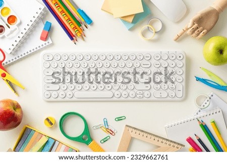 Engage in remote learning with top-view shot, showcasing keyboard, mouse, albums and paint, school supplies and snacks on white background. Utilize available space for text or promotional messages