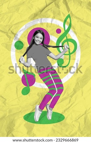 Vertical collage of cheerful black white colors girl hands pull play hair tails dancing drawing melody notes isolated on yellow background