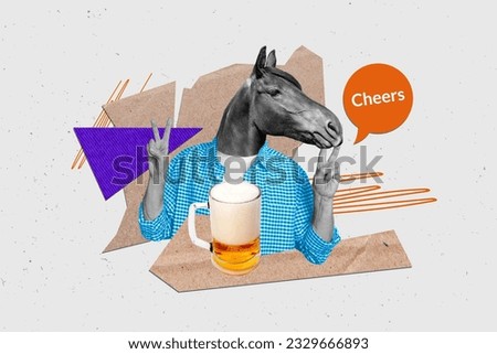 Creative abstract template collage of happy funny man horse animal mask disguise head two fingers alcohol beer ale bar party zoo farm