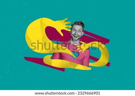 Artwork magazine collage picture of excited felling in love guy hugging arms isolated drawing background