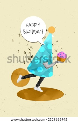 Composite collage picture image of caricature cone hat celebrate birthday hold cake sweet tasty yummy speech bubble bizarre unusual fantasy