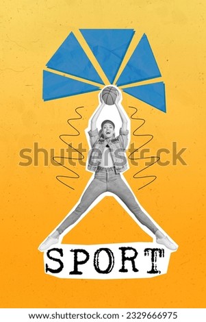 Photo sketch collage picture of excited smiling lady jumping rising basketball ball isolated yellow color background
