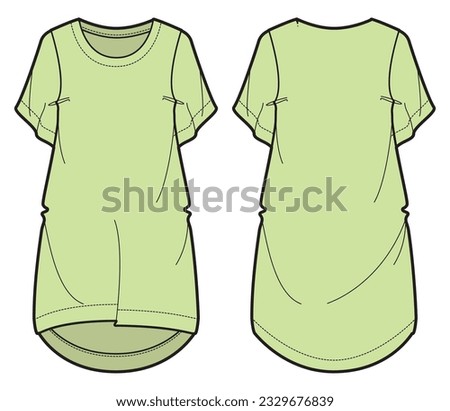 Women Shift dress design flat sketch fashion illustration with front and back view, Short sleeve round neck shift dress cad drawing vector template Royalty-Free Stock Photo #2329676839