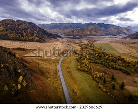 The aerial picture of the scenic road in the Altai Mountains (Chui tract) in Siberia, Russia. 