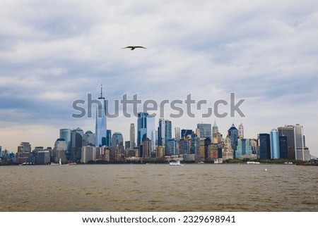 New York view across river of Manhattan from Liberty Island with One World Trade Centre