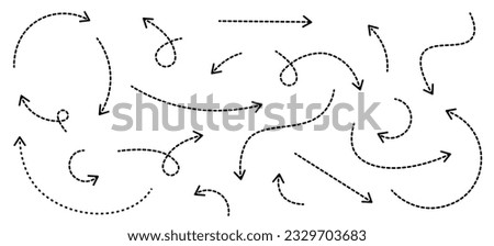 Set of black dotted arrows in doodle style. Broken arrows in the form of a loop. Flow direction. Pointers to the wire, up, down. Curved line. Vector illustration.
 Royalty-Free Stock Photo #2329703683